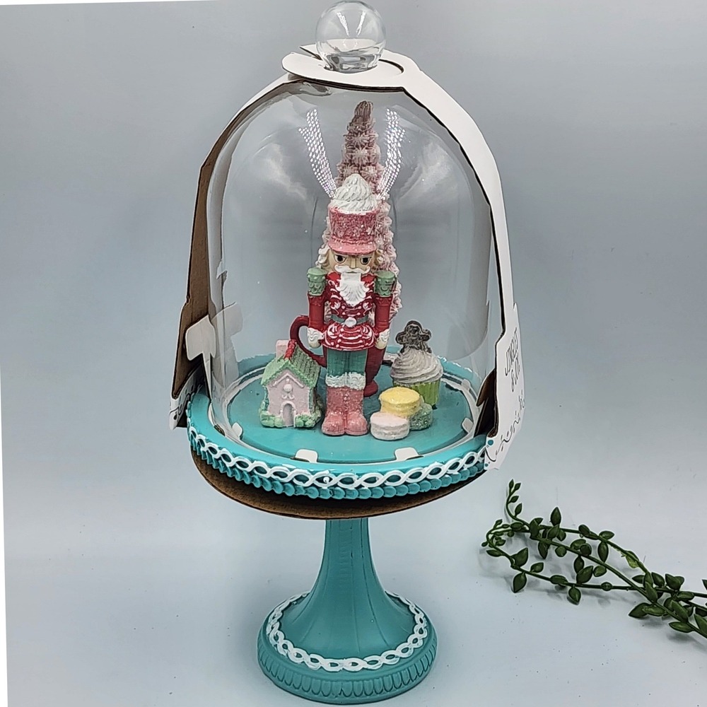 Jingles & Joy Glass Cloche Nutcracker Pastel Christmas Decor Teal Pink Whimsical